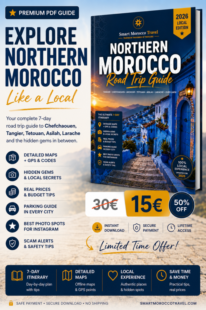 Northern Morocco Road Trip Guide — promotional poster, launch price €15 (was €30)